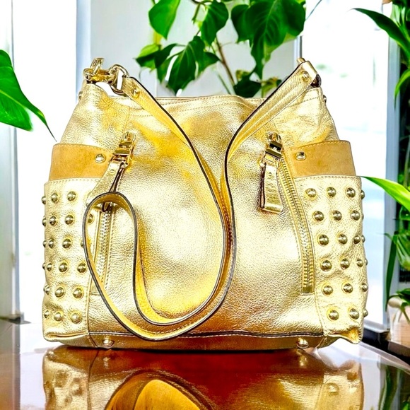 B Makowsky Metallic Gold Studded Shoulder Bag Y2K - Picture 3 of 4